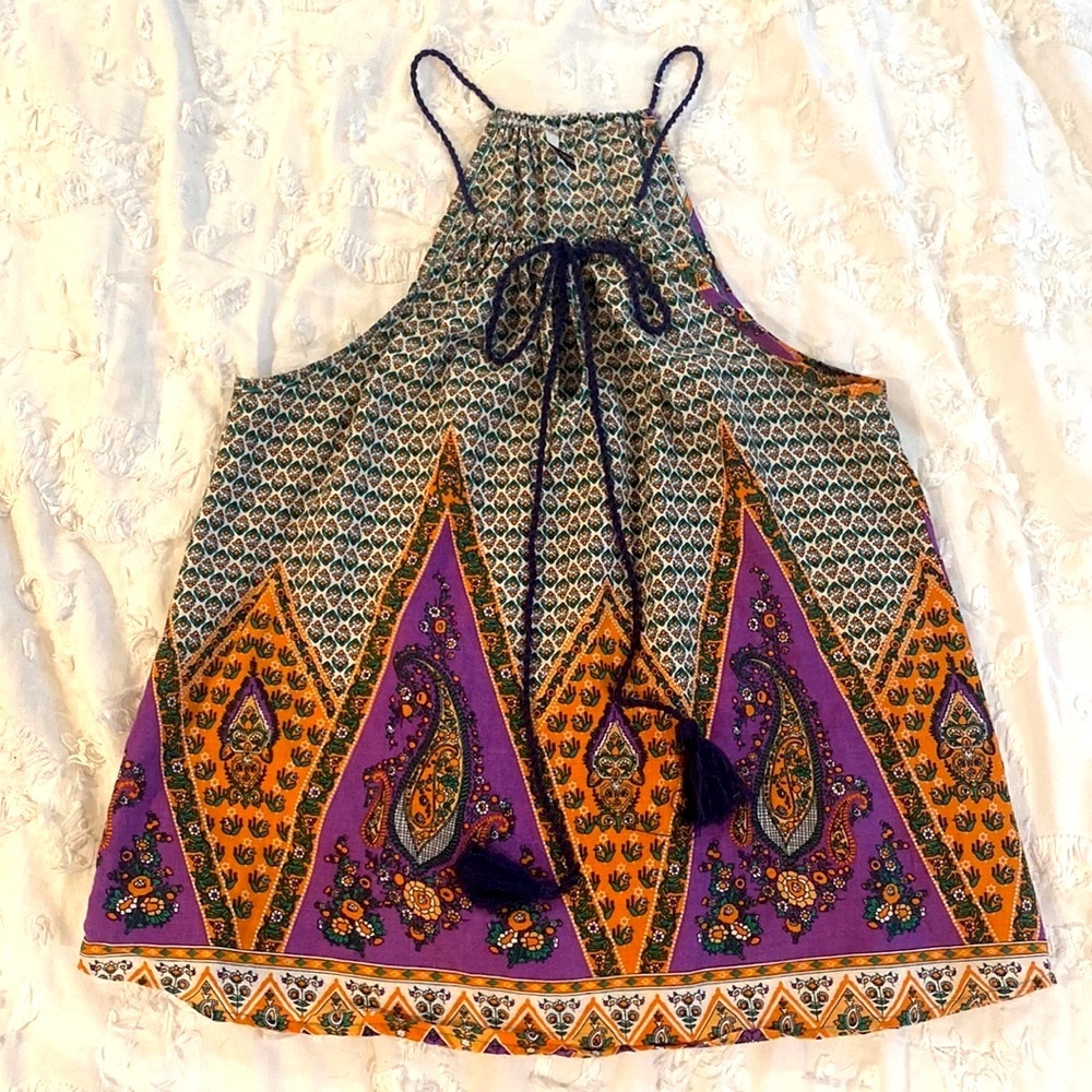 Vijo Couture Boho Cami Multicolor Paisley Print Halter Top Tank Blouse Orange